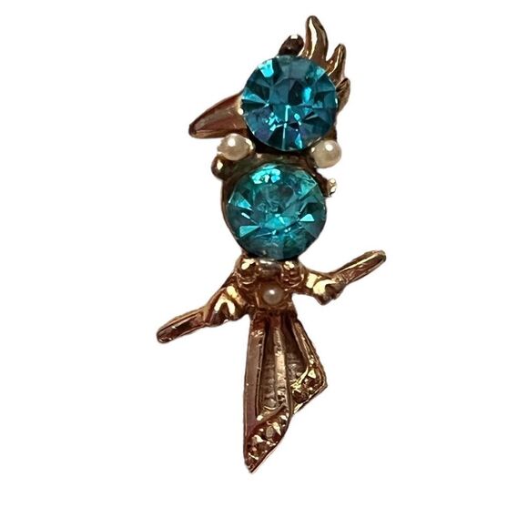 Adorable Gold Tone Aquamarine Rhinestone Pearl Bird Brooch - Picture 1 of 2